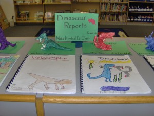 Miss Kimball\'s second graders\' dinosaur display